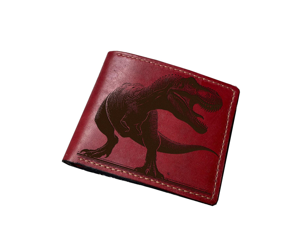 Engraved T-Rex Leather Wallet, Handmade Dinosaur Gift