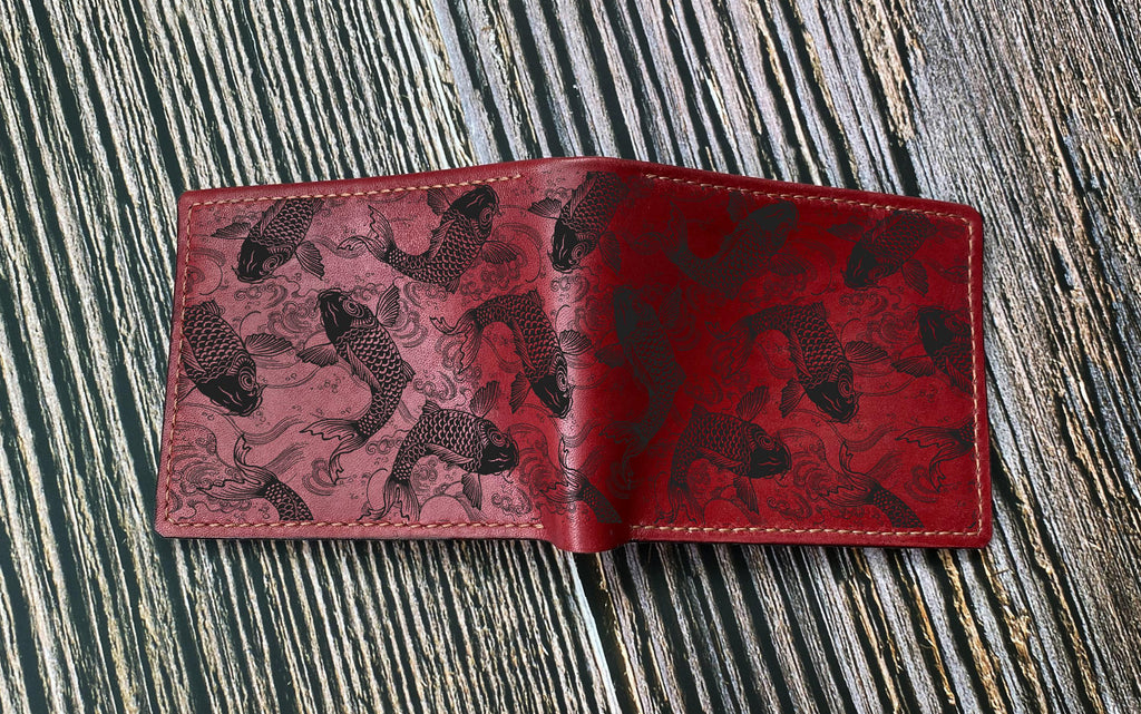 Personalized Koi Fish Leather Wallet for Men, Vegetable-Tanned Cowhide, Engraved Gift