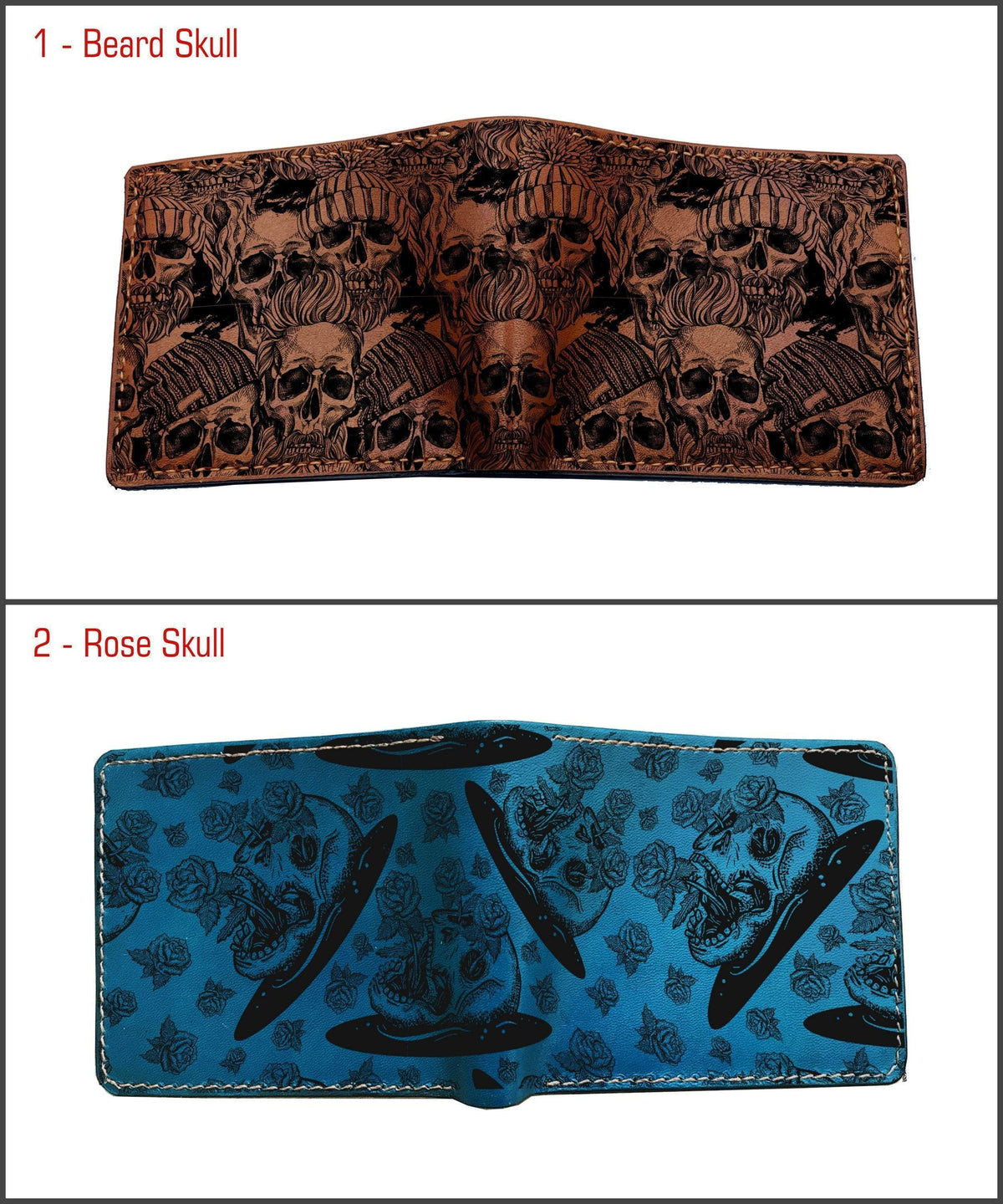 Handmade Leather Bifold Wallet: Skull Horror Pattern, Custom Engraved