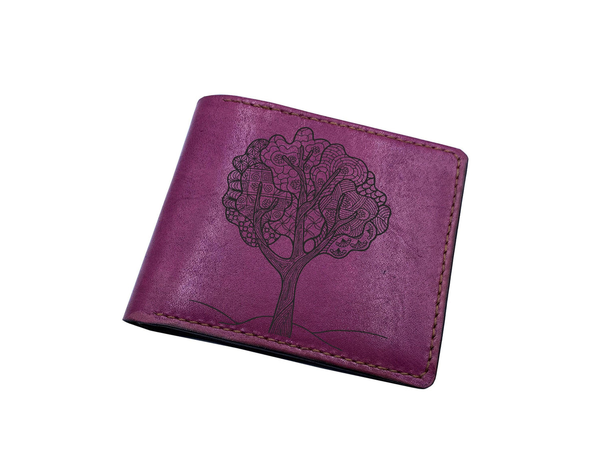 Handmade Leather Wallet, Olive Tree Engraved, Botanic Design