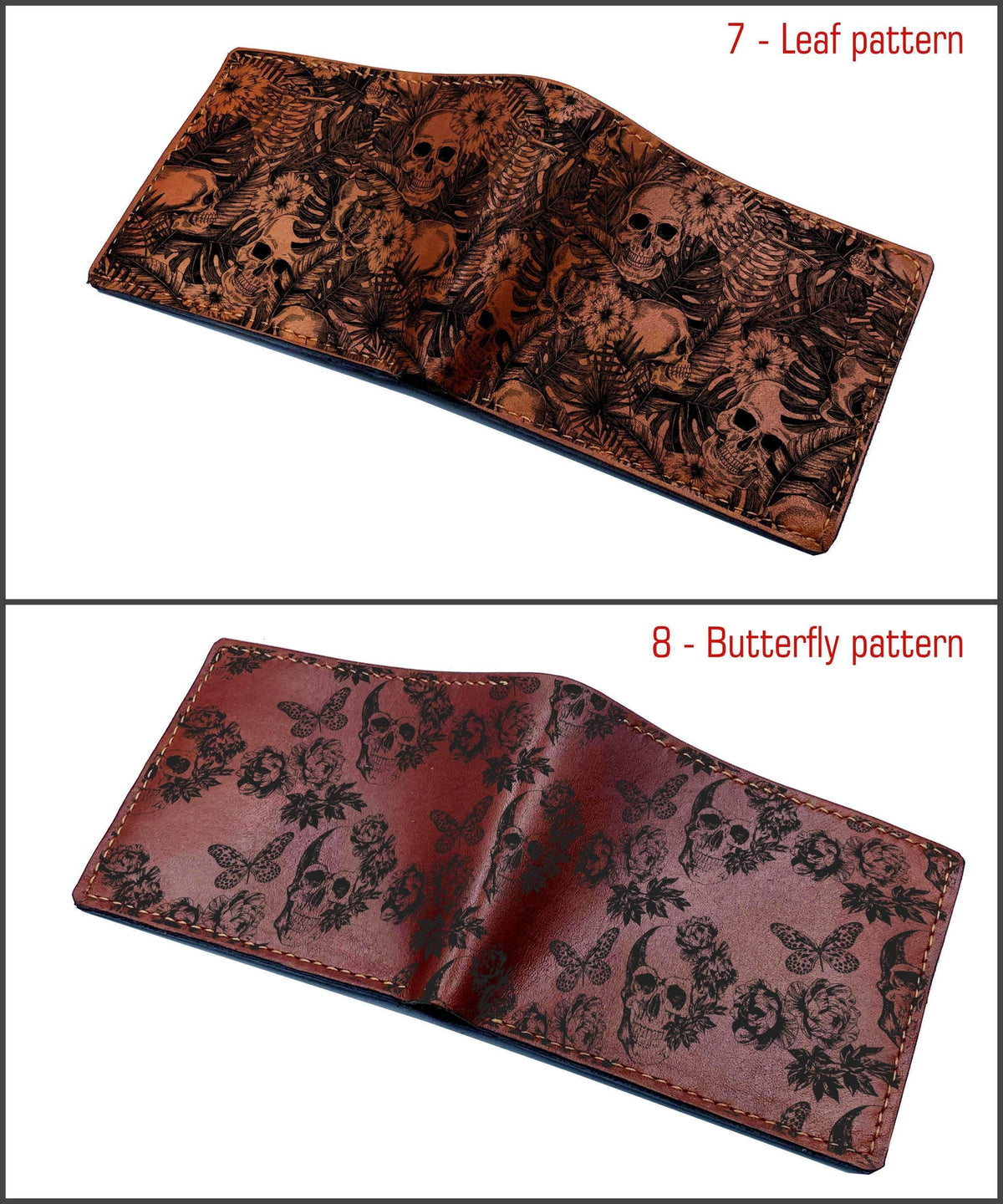 Handmade Leather Bifold Wallet: Skull Horror Pattern, Custom Engraved