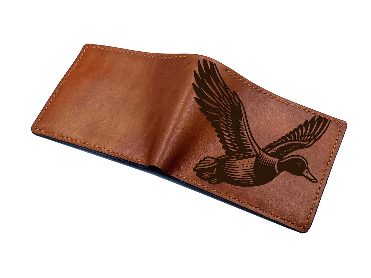 Engraved Duck Leather Wallet: Handmade Hunting Gift