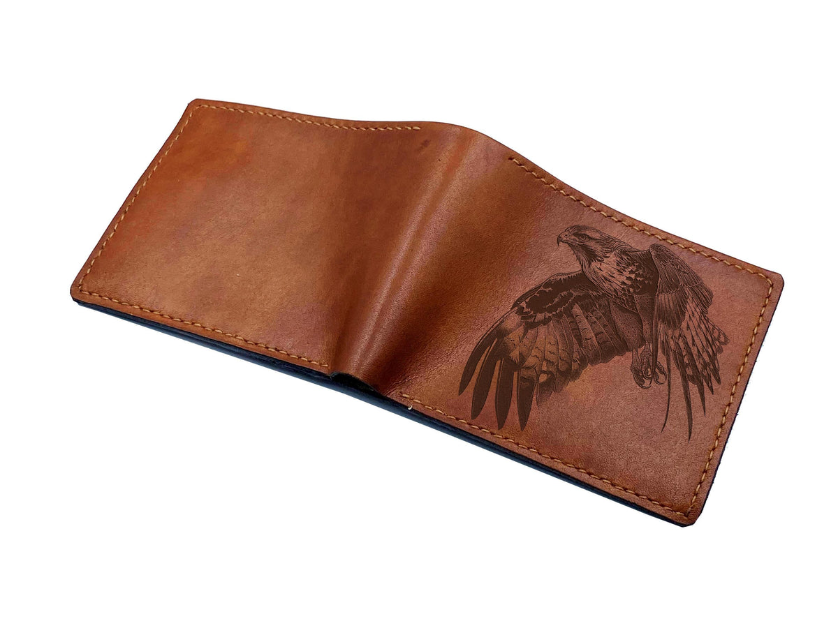 Hawk drawing leather handmade wallet, Falcon engrave travel wallet, bird gift ideas for men