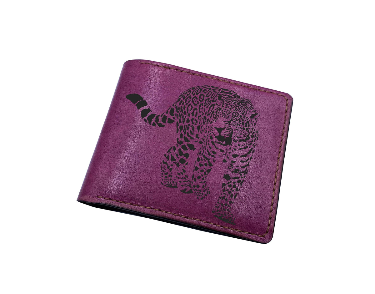 Handmade Leather Wallet, Leopard Sketch Art, Personalized Gift for Dad