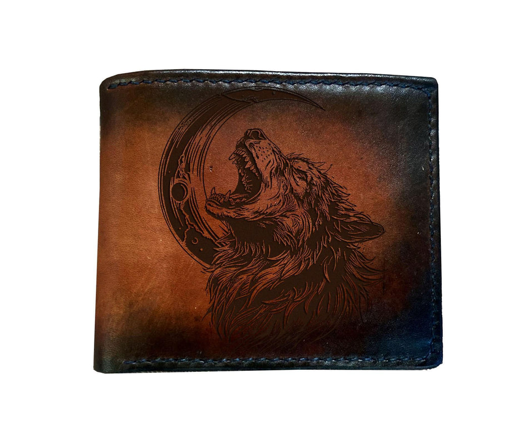 Personalized Wolf Engraved Leather Wallet - Handmade
