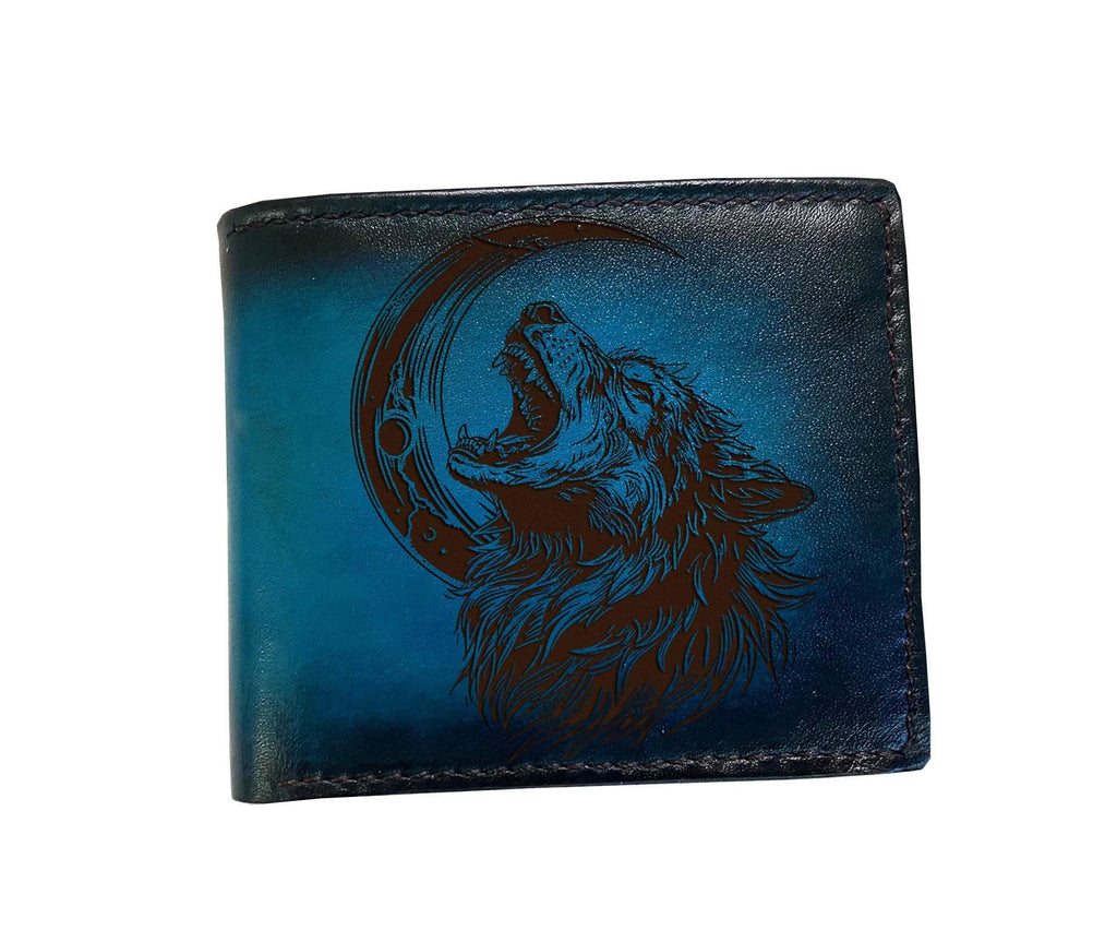 Personalized Wolf Engraved Leather Wallet - Handmade