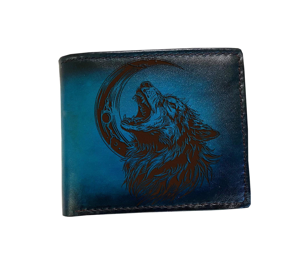 Personalized Wolf Engraved Leather Wallet - Handmade