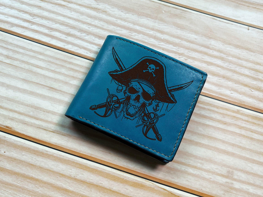 Pirate Skull Leather Wallet: Custom Engraved Bifold Wallet