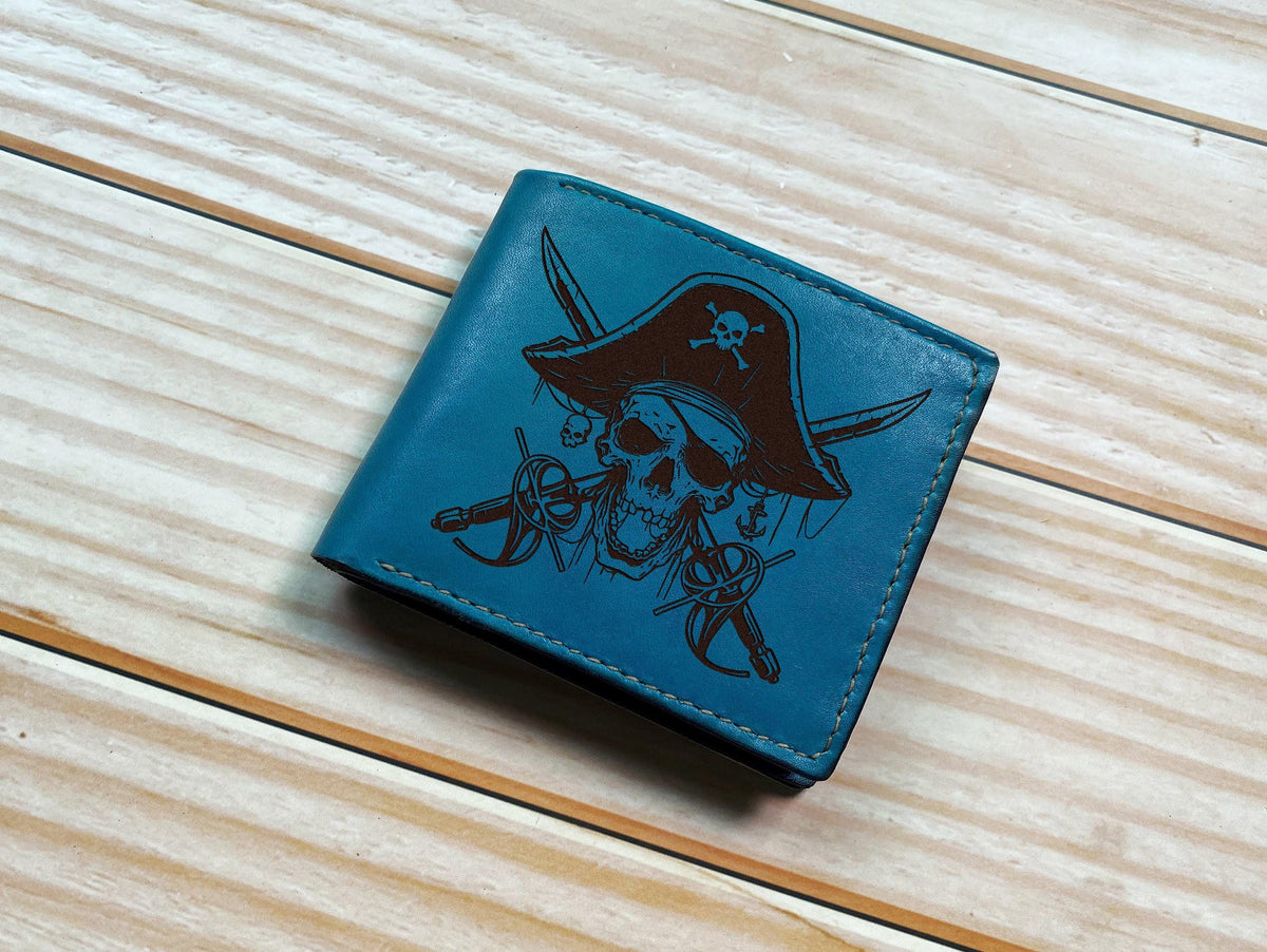 Pirate Skull Leather Wallet: Custom Engraved Bifold Wallet