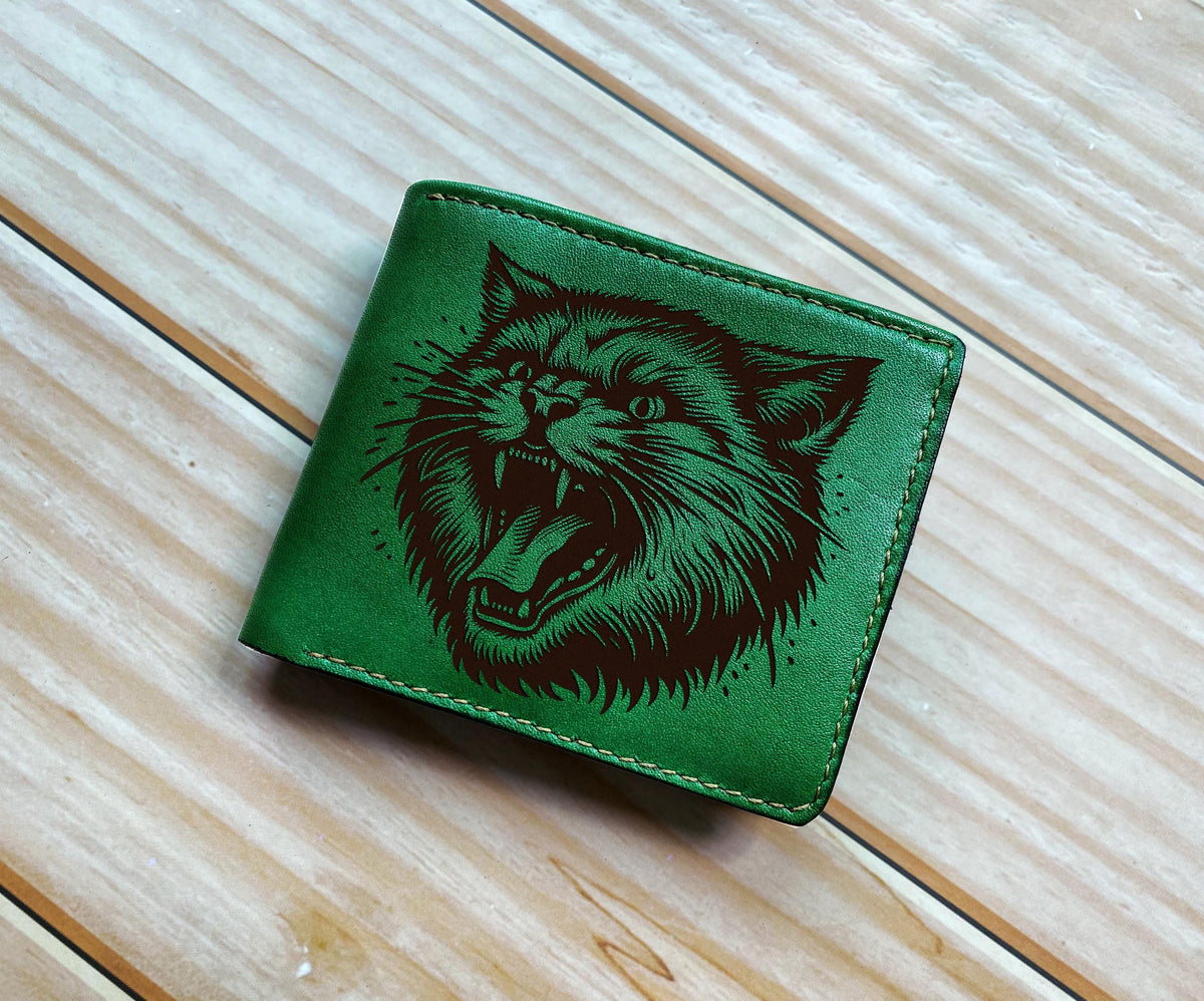 Handmade Leather Cat Wallet, Angry Cat Art Sketch, Gift for Him