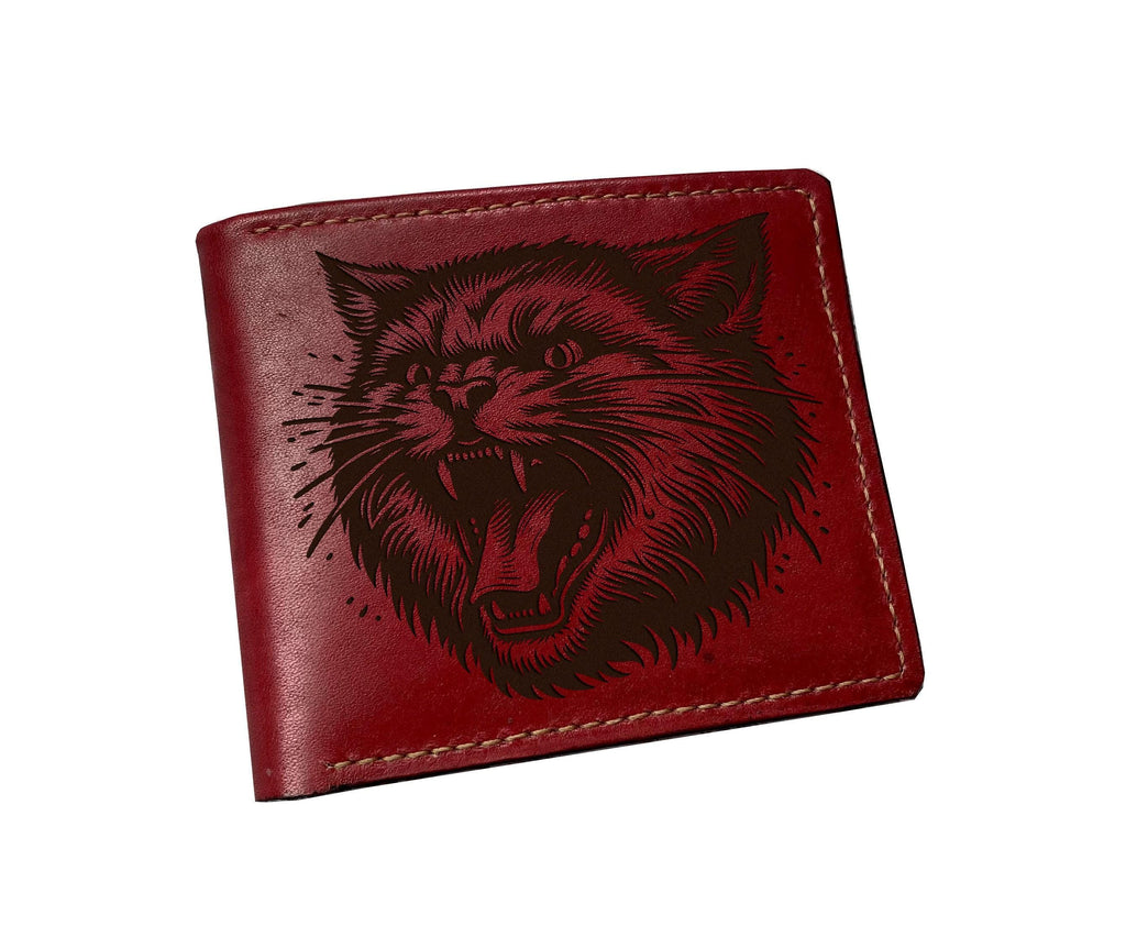 Handmade Leather Cat Wallet, Angry Cat Art Sketch, Gift for Him