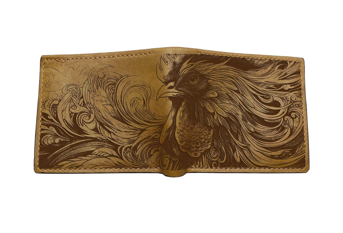 Chicken Floral Leather Wallet: Handmade Farm Animal Art, Custom Engraved