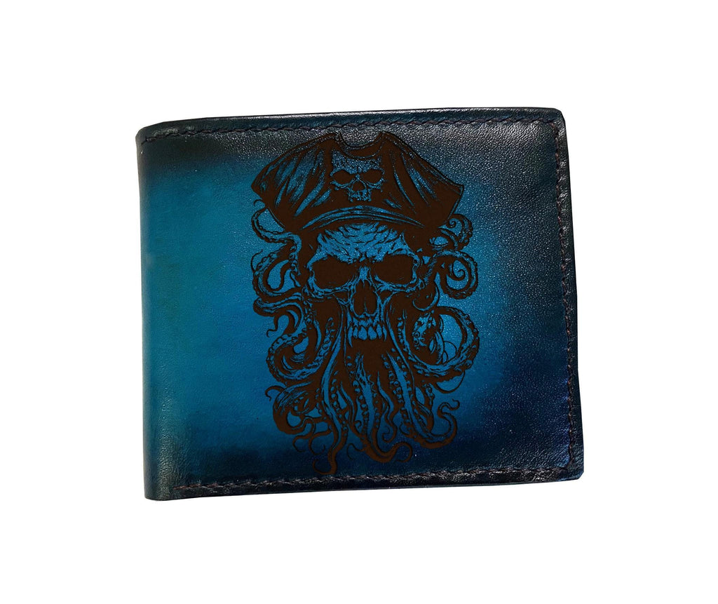 Engraved Pirate Skull Leather Wallet, Personalized Bifold