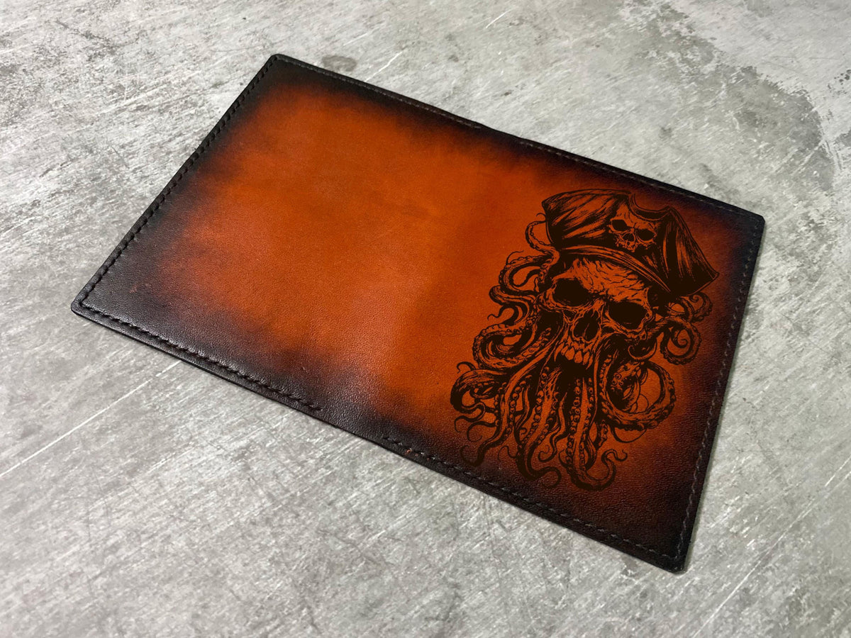 Engraved Pirate Skull Leather Wallet, Personalized Bifold