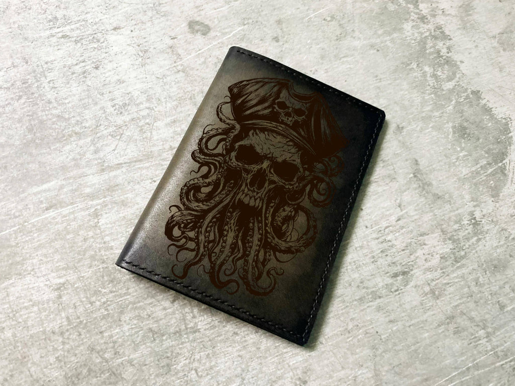 Engraved Pirate Skull Leather Wallet, Personalized Bifold