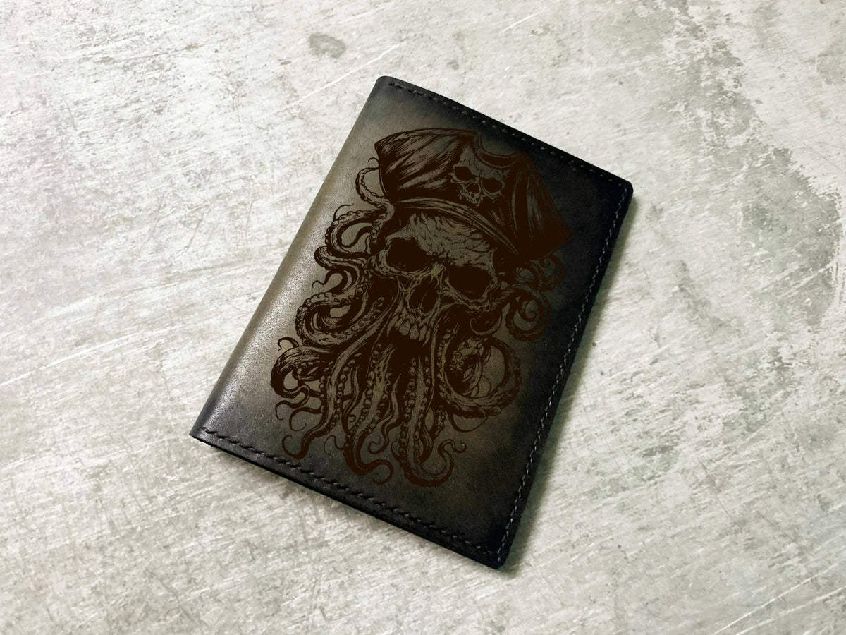 Engraved Pirate Skull Leather Wallet, Personalized Bifold