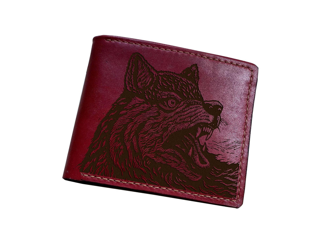 Handmade Leather Wolf Wallet, Custom Engraved Animal Pattern