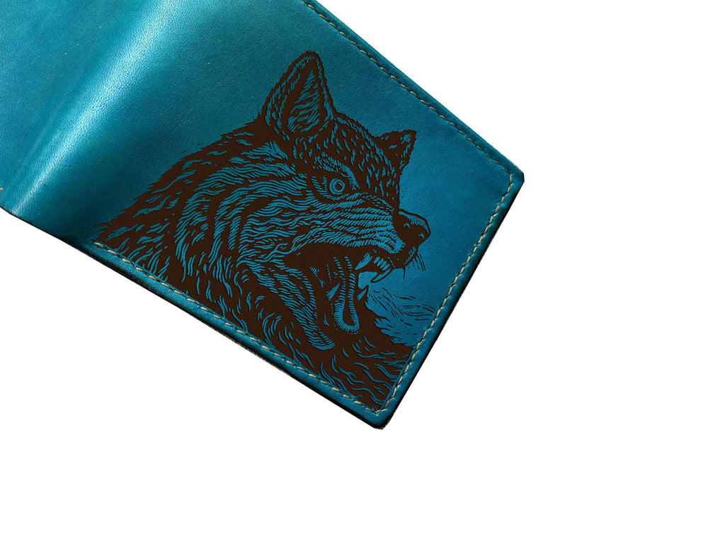 Handmade Leather Wolf Wallet, Custom Engraved Animal Pattern