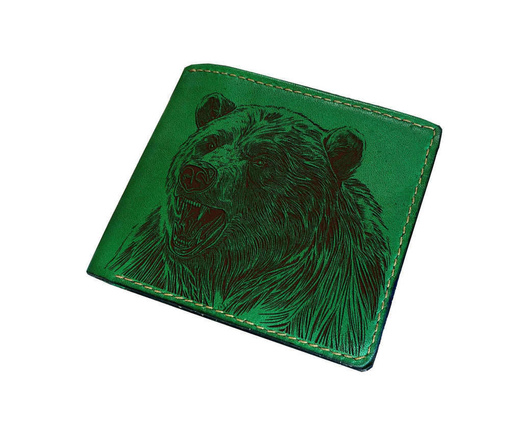 Handmade Leather Bear Wallet: Engraved Animal Sketch