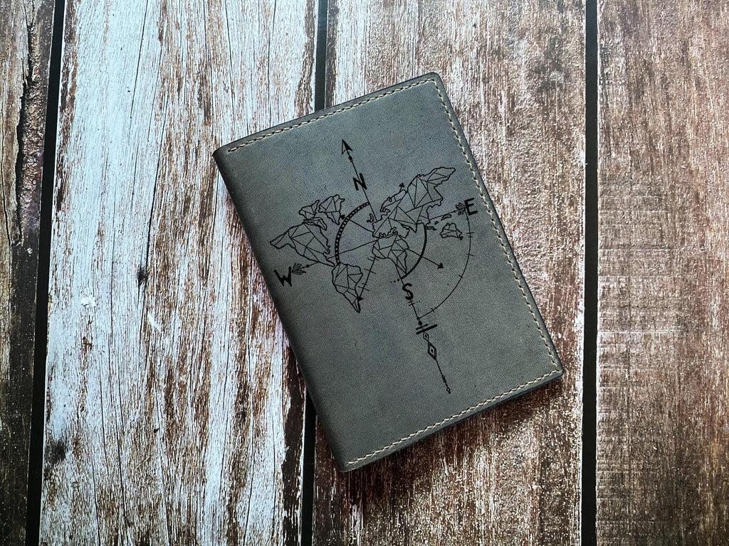Personalized Leather Passport Wallet: Engraved Compass World Map