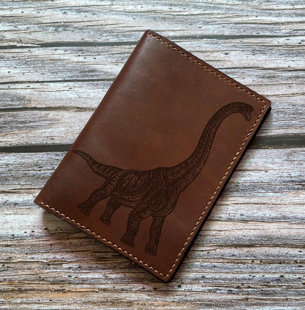 Handcrafted Leather Passport Wallet: Diplodocus Dinosaur Engraving
