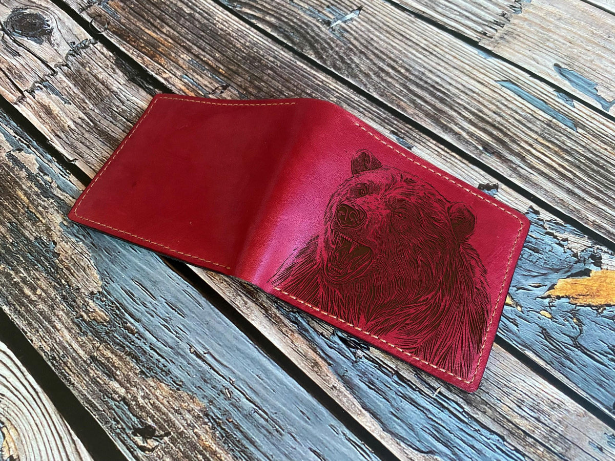 Handmade Leather Bear Wallet: Engraved Animal Sketch