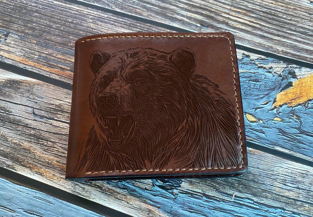 Handmade Leather Bear Wallet: Engraved Animal Sketch
