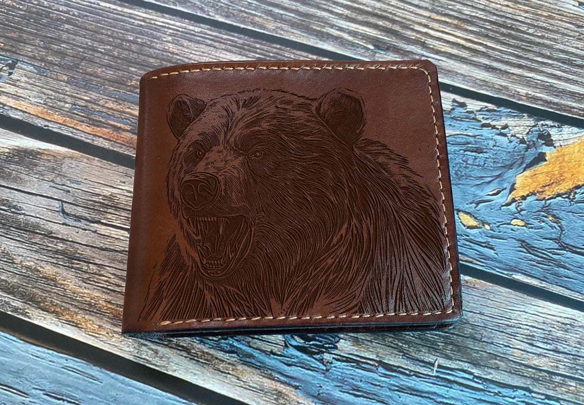 Handmade Leather Bear Wallet: Engraved Animal Sketch