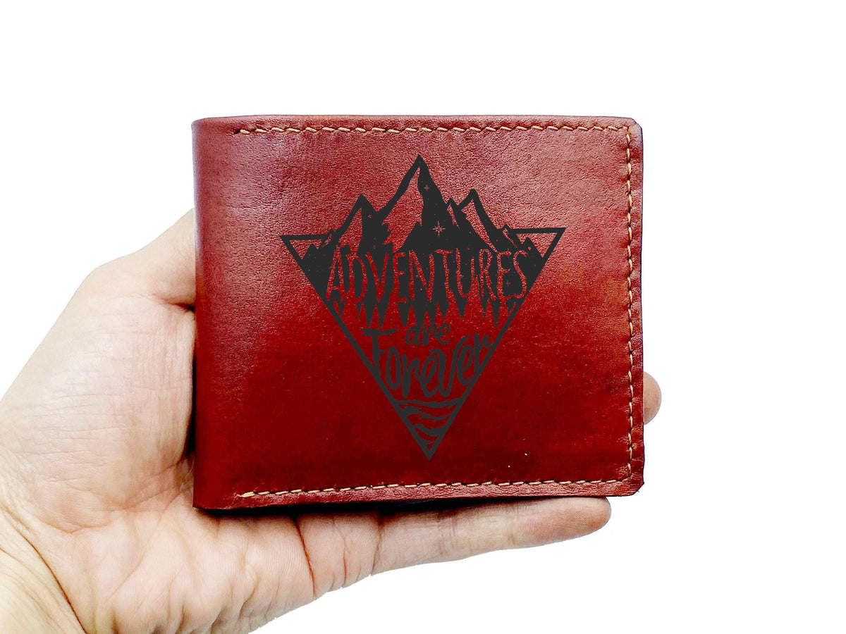 Personalized Leather Wallet: Adventure Typography, Handmade Men's Gift