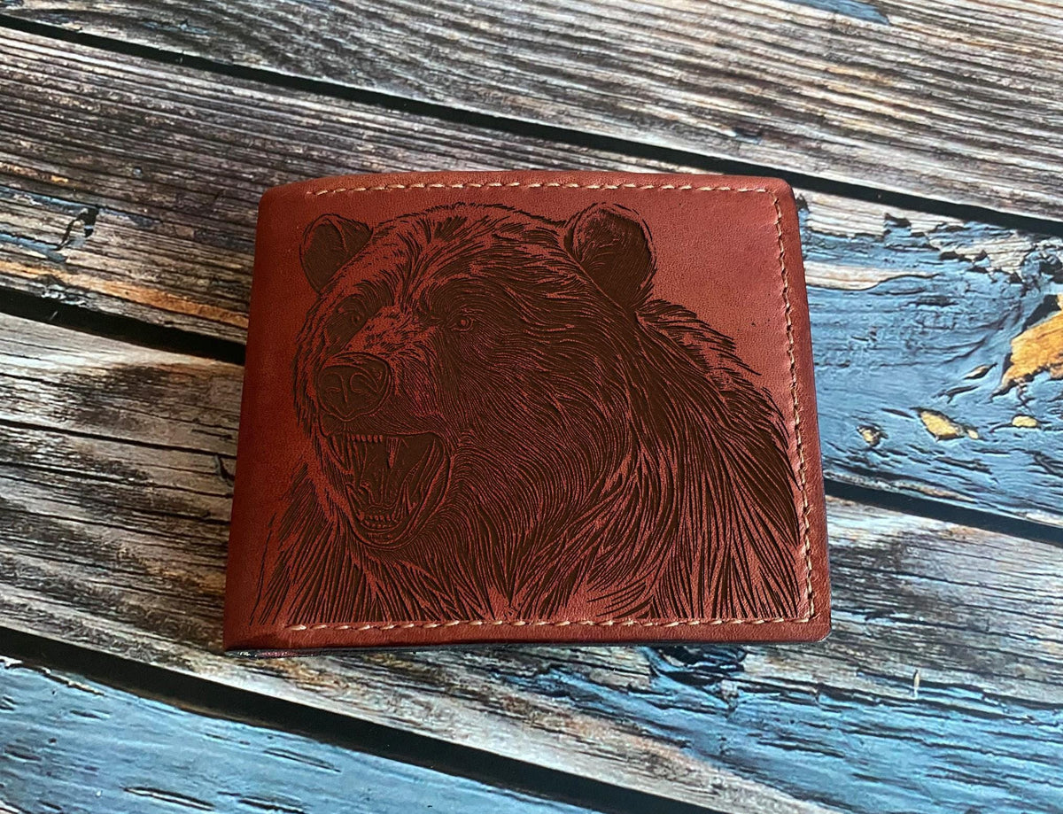 Handmade Leather Bear Wallet: Engraved Animal Sketch