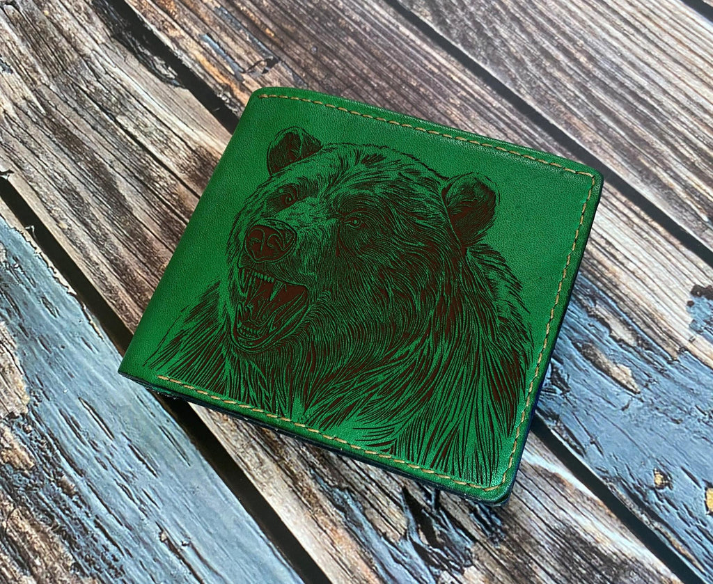 Handmade Leather Bear Wallet: Engraved Animal Sketch