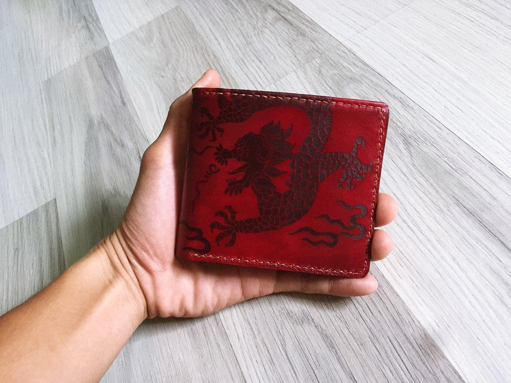 Handmade Leather Dragon Wallet, Personalized Chinese Gift