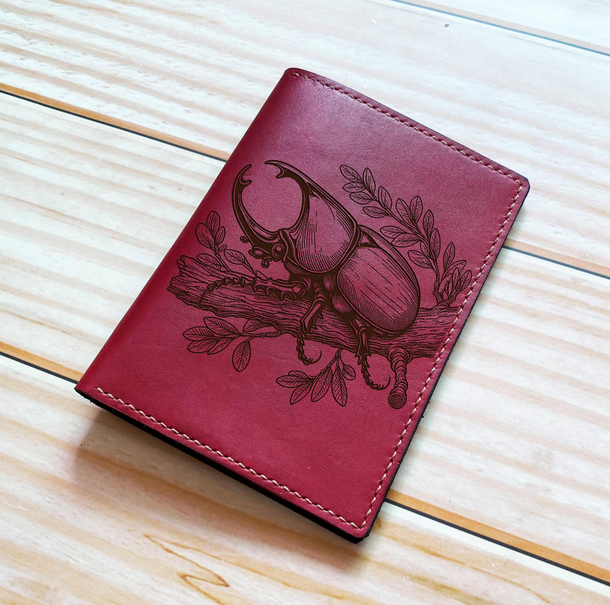 Rhino Beetle genuine leather wallet, insect personalized gifts, name engrave bifold wallet