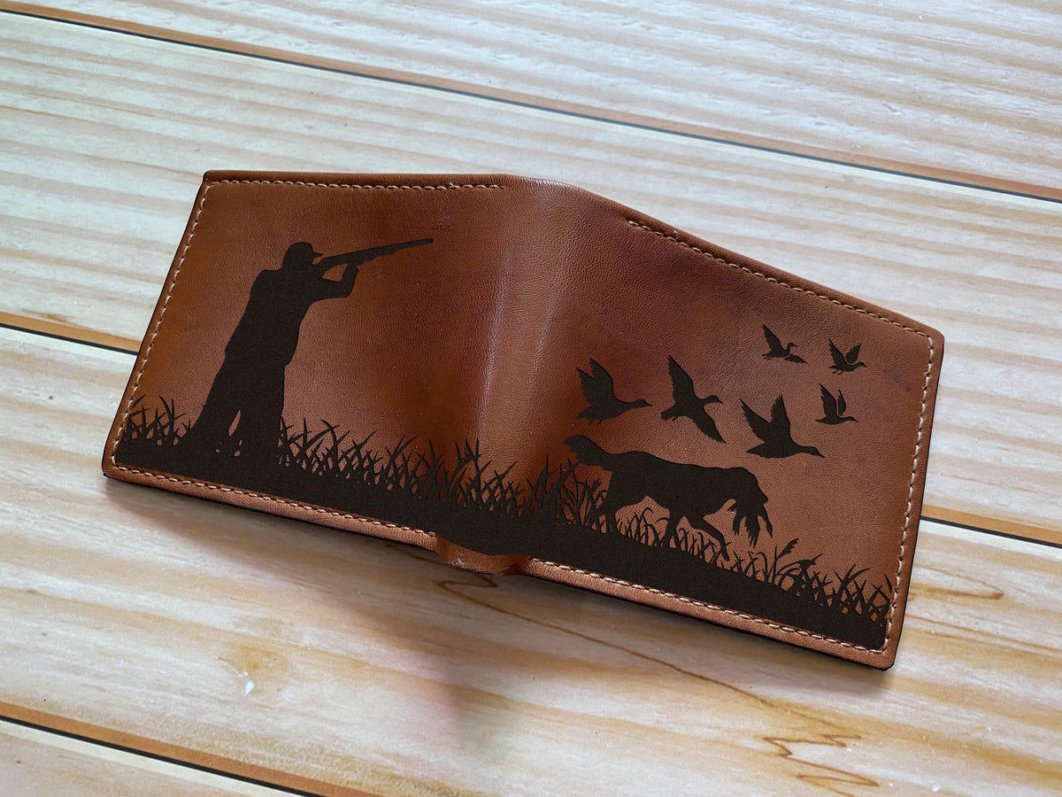Personalized Leather Wallet, Duck Hunting Art, Handmade