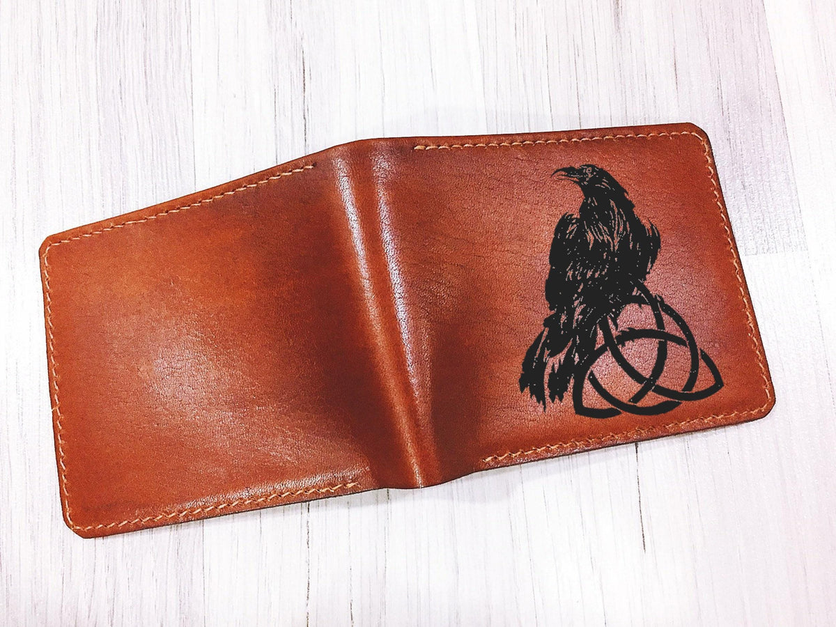 Personalized Leather Wallet: Norse Raven & Celtic Symbol, Handmade