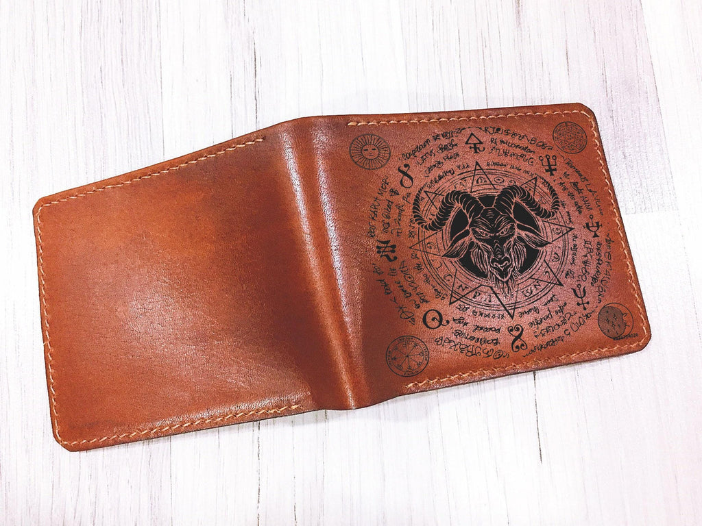 Engraved Leather Pentagram Wallet: Handmade Ancient Pentacle Sign