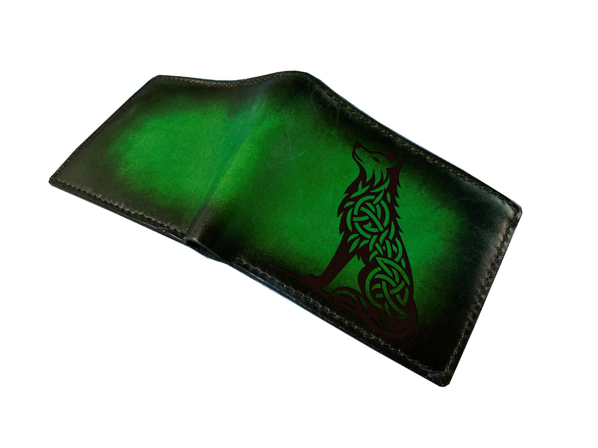 Celtic Wolf Leather Wallet, Personalized Gift for Men