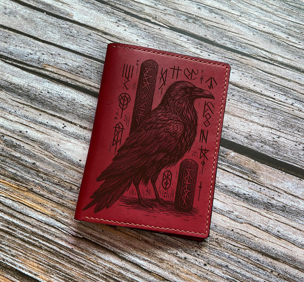 Raven Leather Passport Wallet: Handmade Norse Runes Travel Case