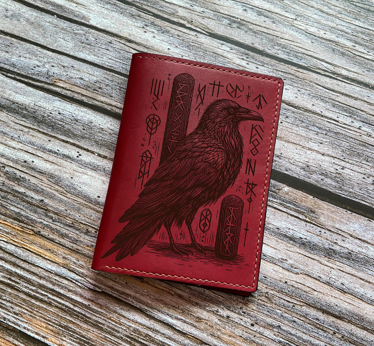 Raven Leather Passport Wallet: Handmade Norse Runes Travel Case