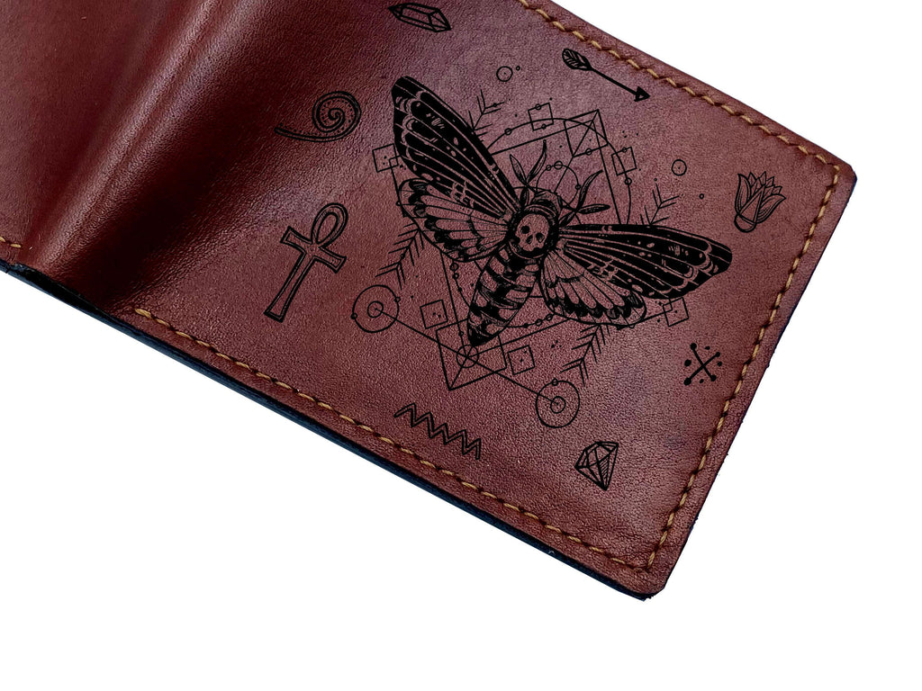 Personalized Leather Wallet: Ancient Egypt Skull Butterfly Design, Handmade
