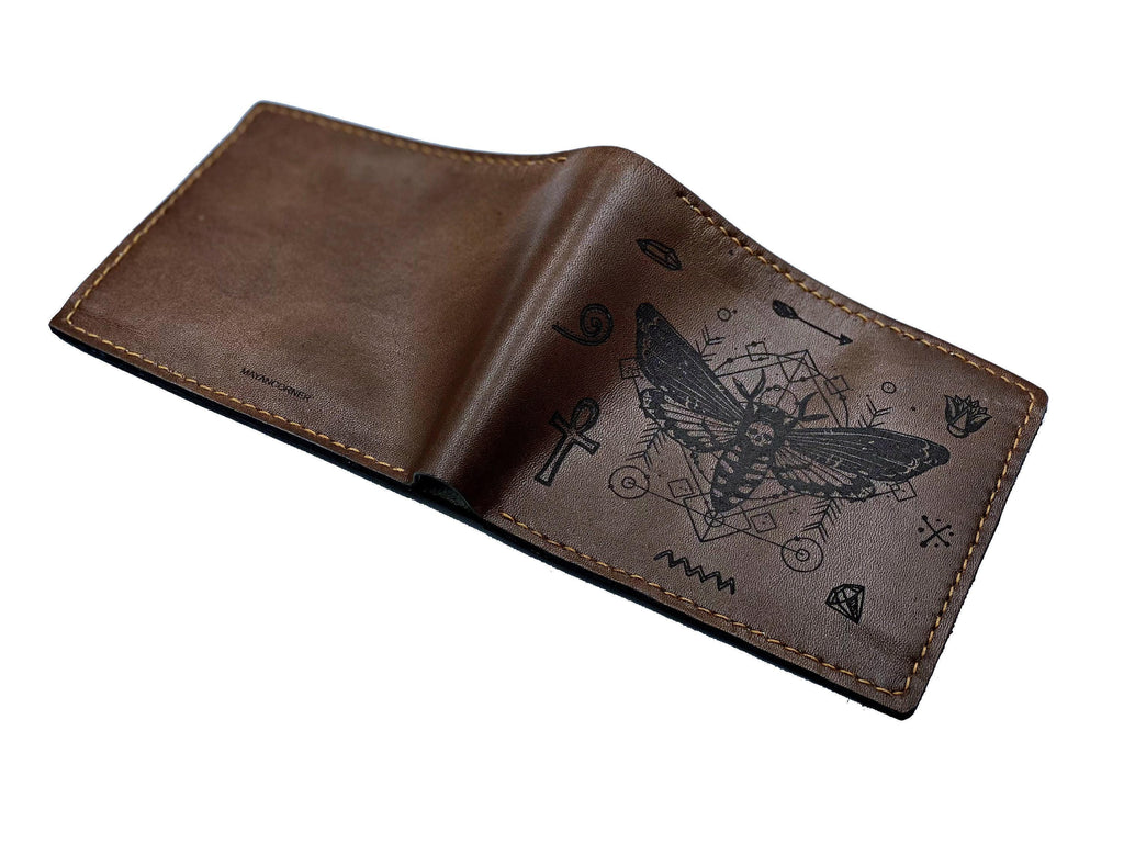 Personalized Leather Wallet: Ancient Egypt Skull Butterfly Design, Handmade