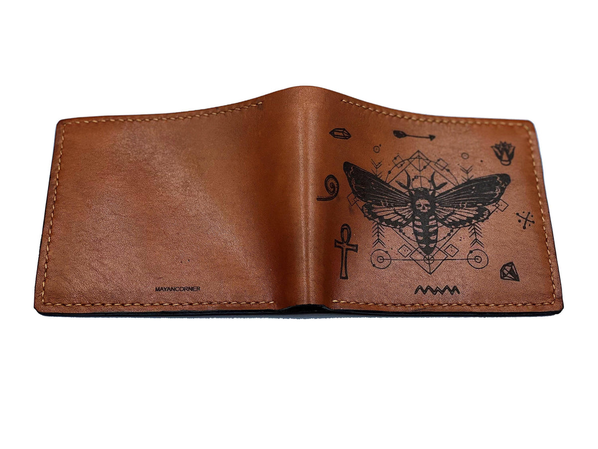 Personalized Leather Wallet: Ancient Egypt Skull Butterfly Design, Handmade