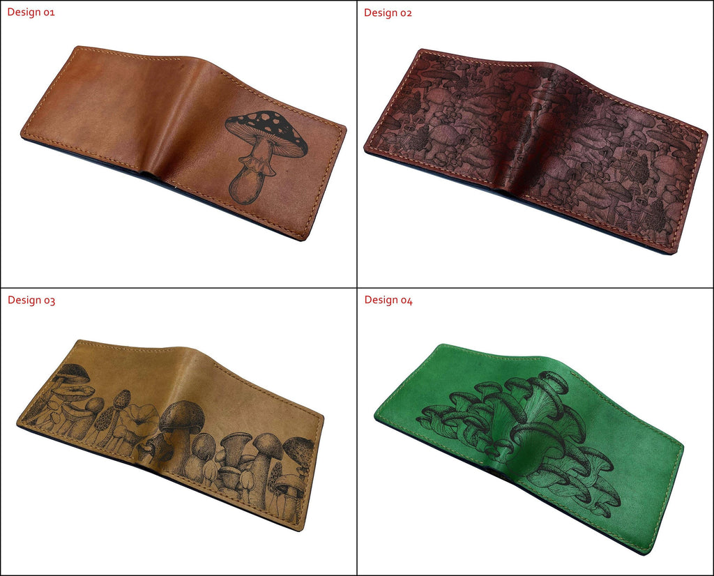Customized Leather Wallet, Mushroom Art Engraving, Natural Lover Gift