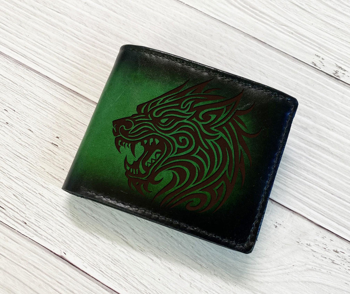 Fenrir Wolf engrave leather men's wallet, Son of Loki Norse mythology leather gift ideas