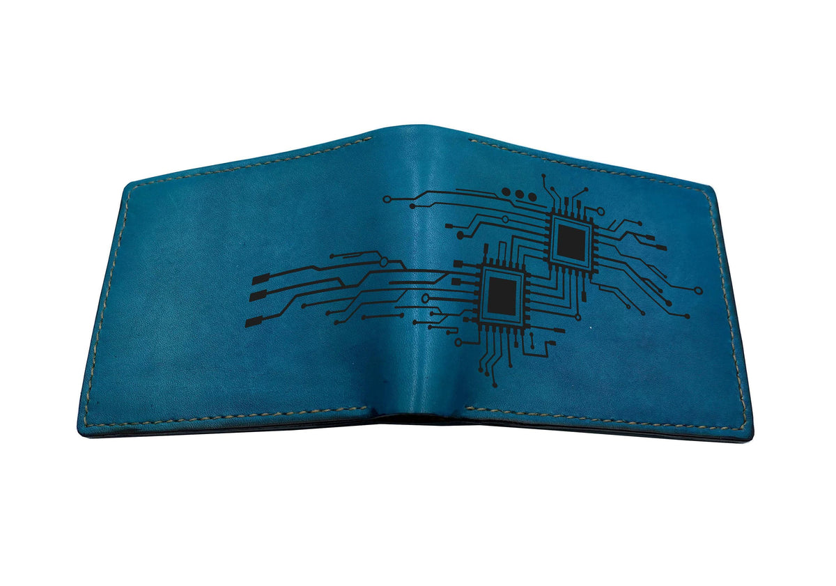 Handmade Leather Wallet: Electronic Circuit Board Tattoo Style
