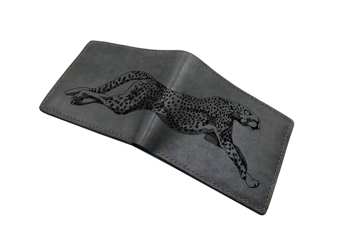 Personalized Leather Wallet, Engraved Leopard Design, Gift for Him