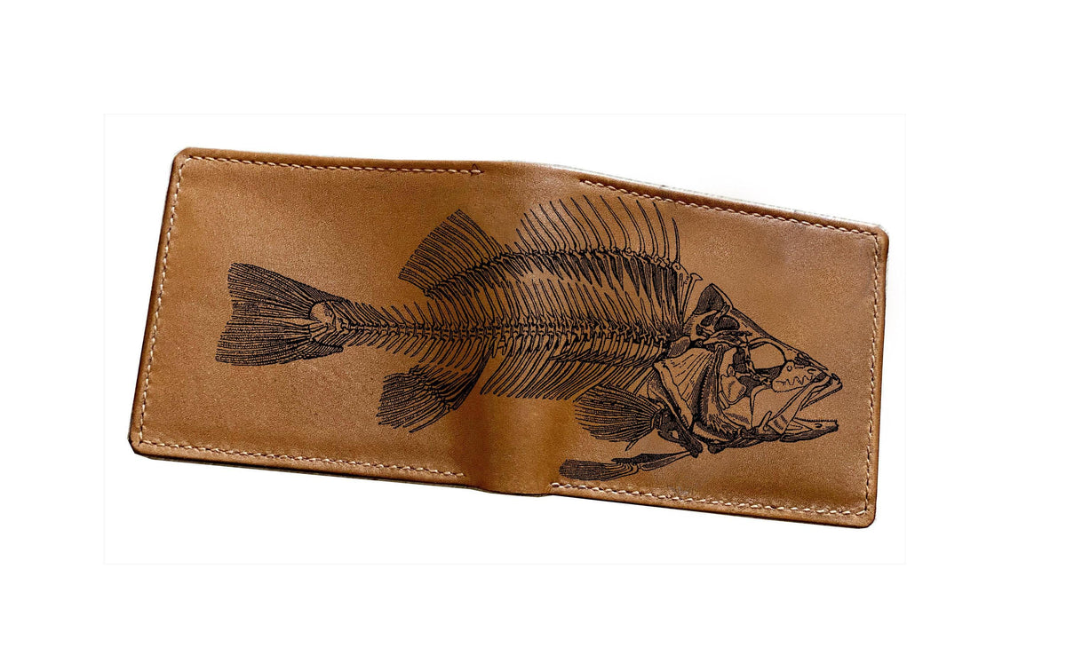Personalized Leather Wallet: Fish Skeleton Engraved, Handmade