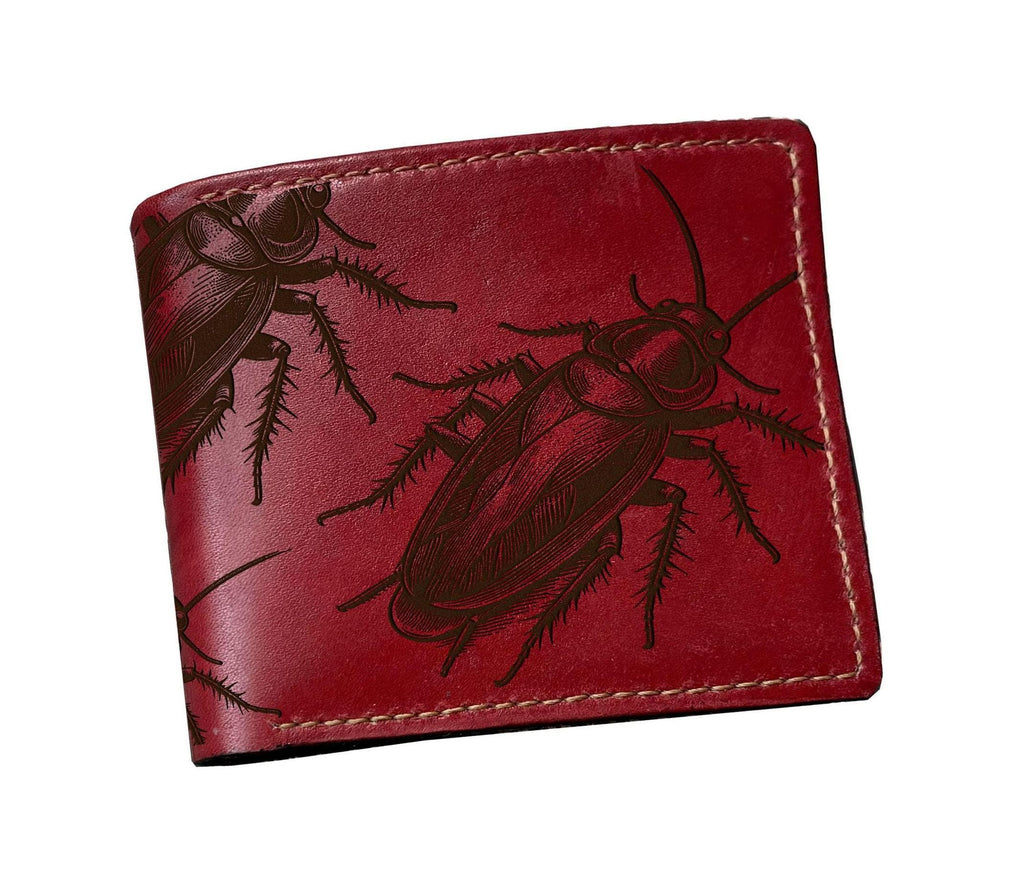Cockroach Pattern Leather Wallet: Insect Engraved, Handmade