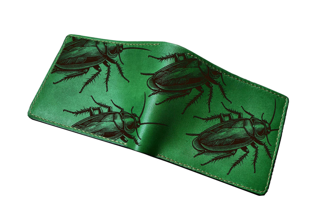 Cockroach Pattern Leather Wallet: Insect Engraved, Handmade