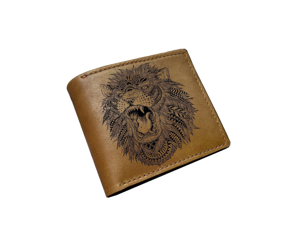 Personalized Leather Lion Wallet: Handmade Ethnic Animal Art
